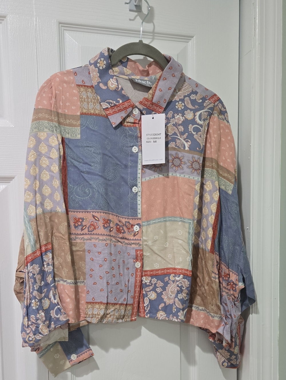 Patchwork Print Button-Down Shirt — Pink & Blue